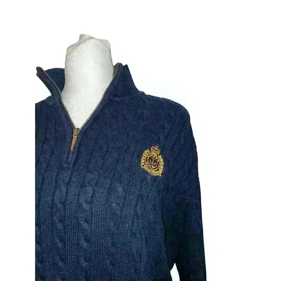 Ladies RALPH LAUREN L Navy Blue 100% Cotton Cable Knit Zip Neck Sweater Washable - Picture 2 of 8